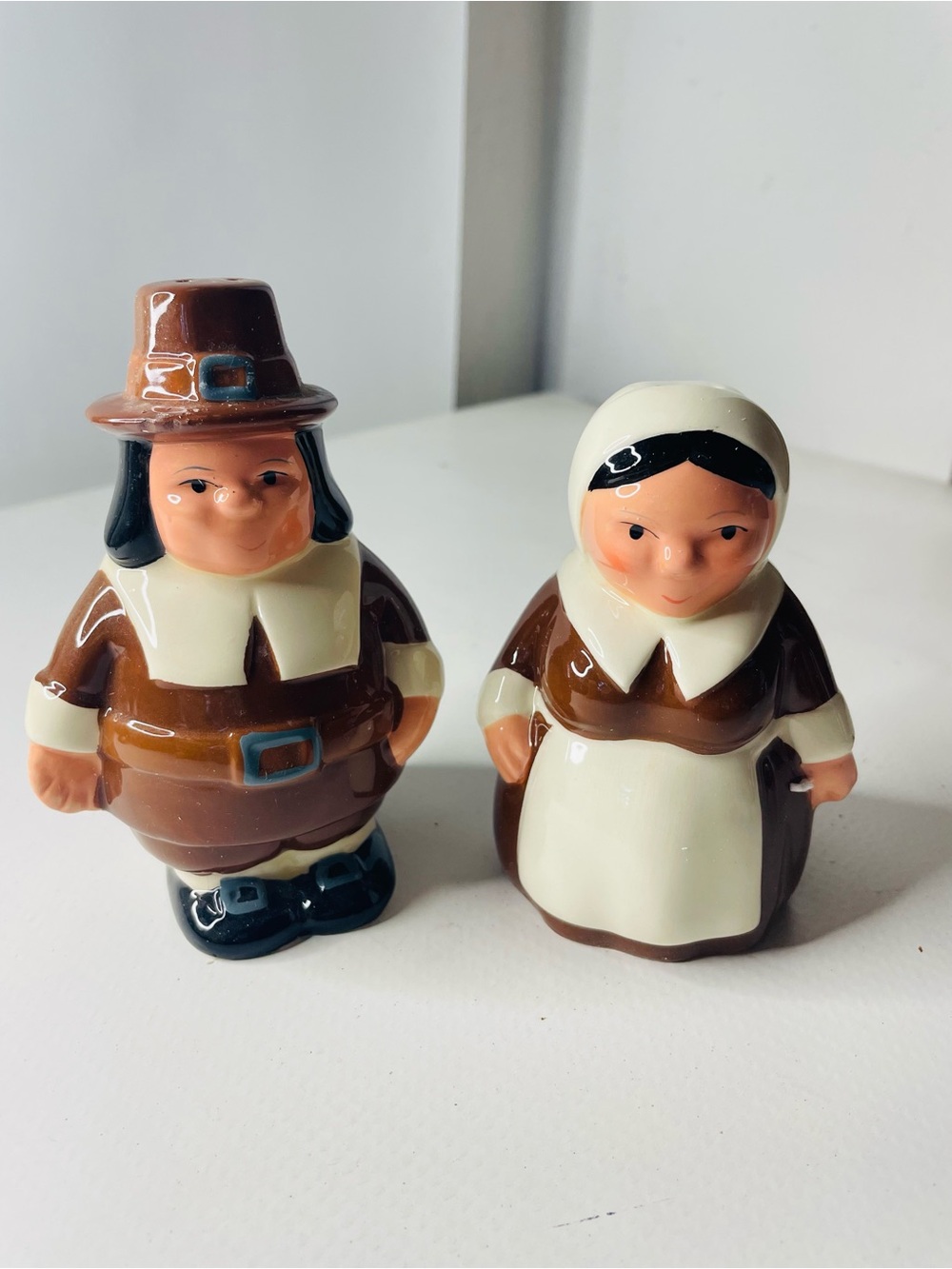 Pilgrim Couple Ceramic Porcelain Salt & Pepper Shakers - Brown and Cream